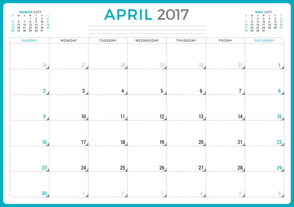 Kalender planner voor 2017 jaar. Vector ontwerpsjabloon. April. Week begint zondag. 3 maanden op pagina. Briefpapier ontwerp — Stockvector