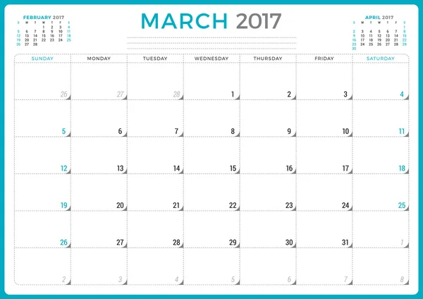 Planificador de Calendario 2017 Año. Plantilla de diseño vectorial. Marzo. La semana empieza el domingo. 3 meses en la página. Diseño de papelería — Archivo Imágenes Vectoriales