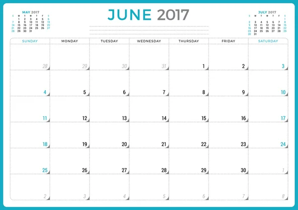 Kalender Planerare för 2017 År. Mall för vektordesign. Juni. Veckan börjar söndag. Tre månader på sidan. Konstruktion av brevpapper — Stock vektor