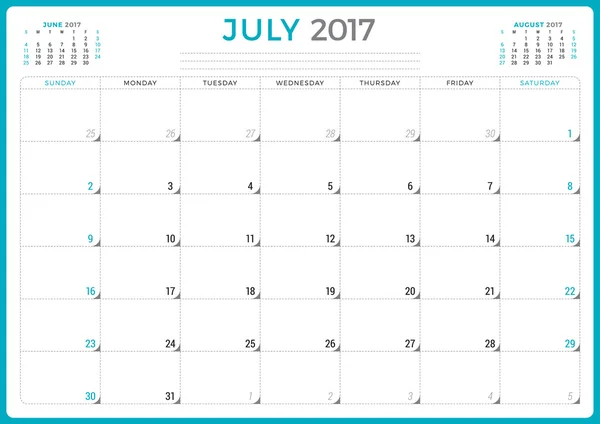 Planificador de Calendario 2017 Año. Plantilla de diseño vectorial. Julio. La semana empieza el domingo. 3 meses en la página. Diseño de papelería — Archivo Imágenes Vectoriales