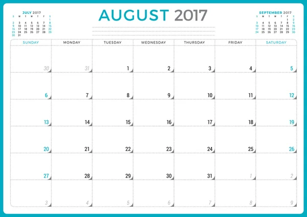Kalenderplaner für 2017 Jahr. Vektor-Design-Vorlage. August. Die Woche beginnt am Sonntag. 3 Monate auf Seite. Schreibwarendesign — Stockvektor