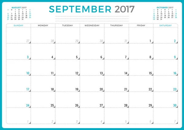 Kalender Planerare för 2017 År. Mall för vektordesign. September. Veckan börjar söndag. Tre månader på sidan. Konstruktion av brevpapper — Stock vektor