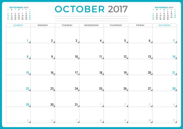 Planificador de Calendario 2017 Año. Plantilla de diseño vectorial. Octubre. La semana empieza el domingo. 3 meses en la página. Diseño de papelería — Archivo Imágenes Vectoriales