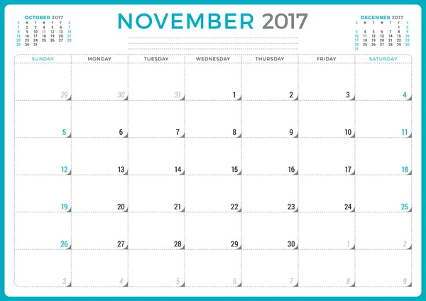 2017 Yılının Takvim Planlayıcısı. Vektör Tasarım Şablonu. Kasım. Hafta Pazar başlıyor. Sayfada 3 ay. Kırtasiye Tasarımı — Stok Vektör