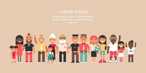 Uitgebreide familie. Een groep van gelukkige personages van alle leeftijden. — Stockvector