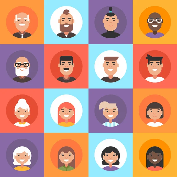 Composição de diversos rostos sorridentes de homens e mulheres. Um conjunto de ilustrações vetoriais planas coloridas sobre fundo brilhante — Vetor de Stock