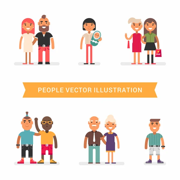 Des gens d'âge et de statut différents.. Couples, amis, célibataires. un ensemble d'illustrations vectorielles plates colorées isolées sur fond blanc — Image vectorielle