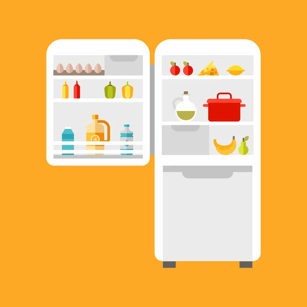 Abra o refrigerador com a comida. Ilustração vetorial de estilo plano —  Vetores de Stock