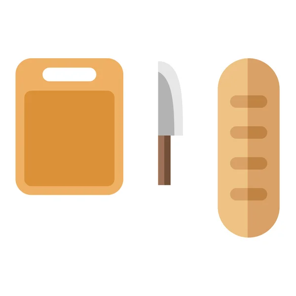 Tabla de cortar, pan y cuchillo. Concepto de cocina. Ilustración vectorial de estilo plano aislado sobre fondo blanco — Vector de stock