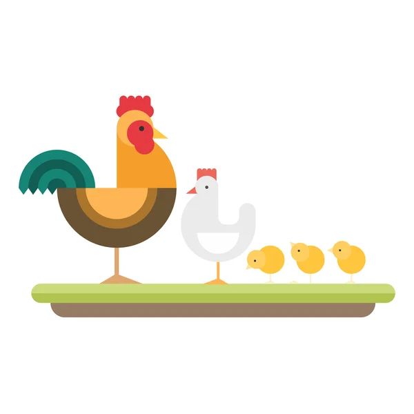 Landbouwhuisdieren. Haan, kip en kippen. Vector platte stijl illustratie — Stockvector