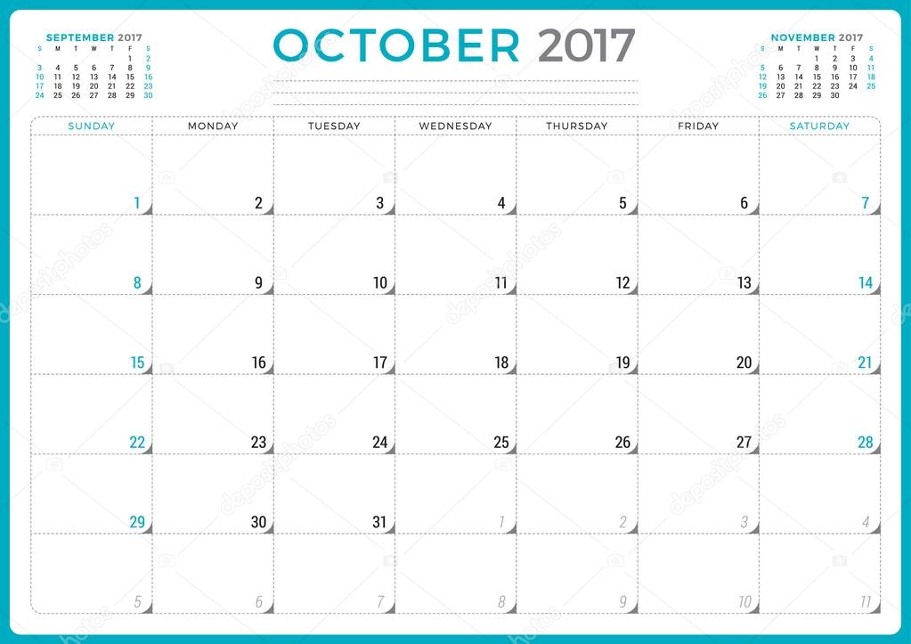 calendar planner for 2017 year vector design template october