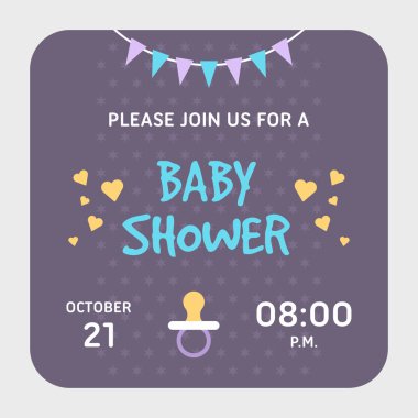 Bebek duş davetiye kartı şablonu. Violet, kız ya da erkek için geçerli. Renkli düz vektör illustartion.