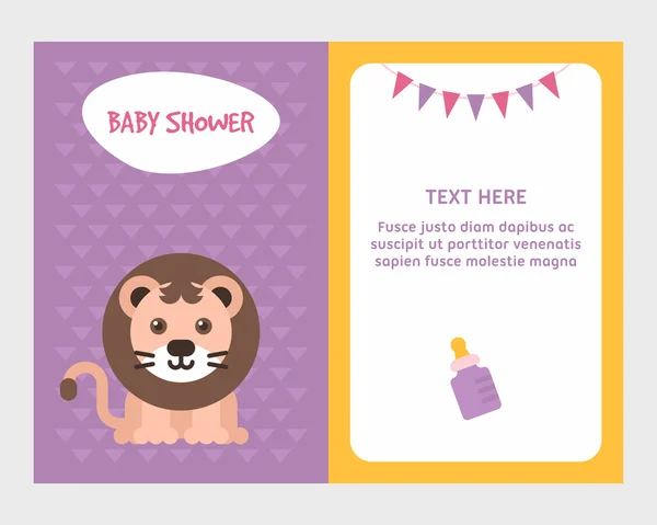 Παιχνίδι πρόσκληση σε πάρτι για το μωρό με χαριτωμένο μικρό λιοντάρι. Βάιολετ, δύο πλευρές. Έγχρωμη επίπεδη ψευδετικώρηση. — Διανυσματικό Αρχείο