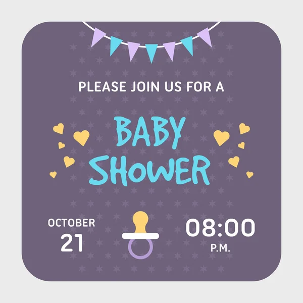 Baby shower inbjudningskort mall. Violett, gäller för flicka eller pojke. Färgad Flat Vector illustartion. — Stock vektor