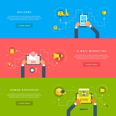 Web Banners ve Promosyon Malzemeleri için Düz Tasarım Vektör İllüstrasyon Kavramlar. Teslim. E-posta pazarlama. İnsan kaynakları