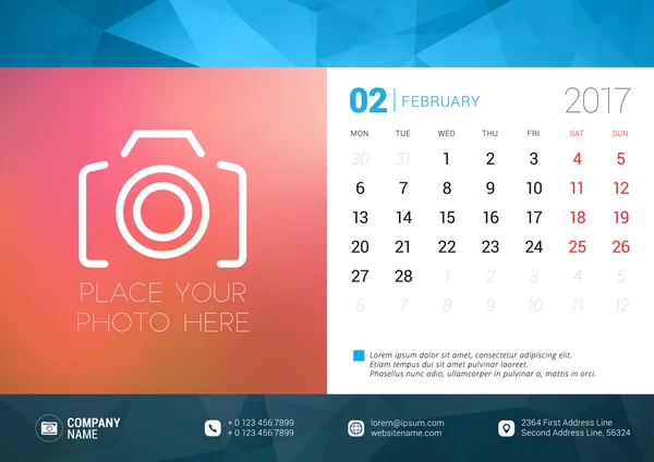 Tischkalender Vorlage für 2017 Jahr. Februar. Designvorlage mit Platz für Foto. Die Woche beginnt am Montag. Vektorillustration — Stockvektor