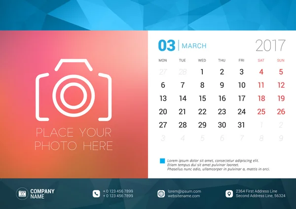 Desk Calendar Template for 2017 Year. March. Design Template with Place for Photo. Week starts Monday. Vector Illustration — Stock Vector