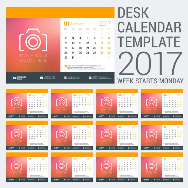 Γραφείο πρότυπο ημερολόγιο για το έτος 2017. Πρότυπο σχεδίασης με θέση για φωτογραφία. Εβδομάδα αρχίζει Δευτέρα. Εικονογράφηση διάνυσμα — Διανυσματικό Αρχείο