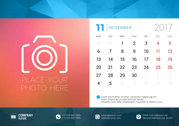 Desk Calendar Template for 2017 Year. November. Design Template with Place for Photo. Week starts Monday. Vector Illustration — Stock Vector