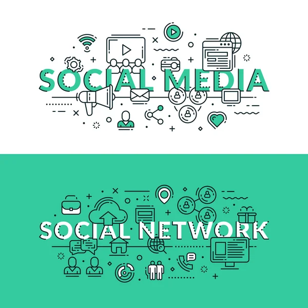 Social Media and Social Network Concept. Colored flat vector illustration in seagreen and white colors. — Stock Vector