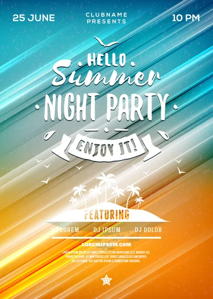 Summer Beach Party Flyer ou Cartaz. Festa da Noite de Verão. Modelo de design vetorial com fundo abstrato colorido — Vetor de Stock