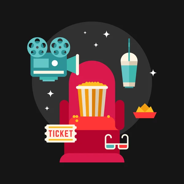 Concepto de película Estilo plano Vector Ilustración. Silla en el cine. Palomitas de maíz, Gafas 3D, Ticket, Proyector — Vector de stock