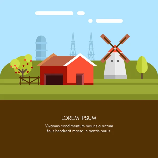 Paysage agricole rural. Red Farm Barn and Mill. Illustration vectorielle de style plat. Contexte vectoriel — Image vectorielle