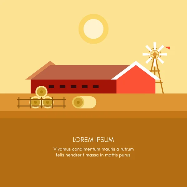 Paysage agricole rural. Red Farm Barn. Illustration vectorielle de style plat. Contexte vectoriel — Image vectorielle