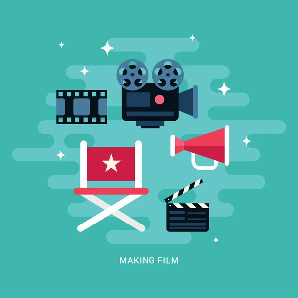 Making Film Concept Illustration (em inglês). Conjunto de ícones de vetor de estilo plano — Vetor de Stock