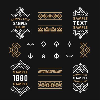 Çizgi Sanatı Dekoratif Geometrik Vektör Çerçeveler ve Altın ve Siyah Renkler ile Sınırları Kümesi. Vektör Süsleri, Vektör Süslemeleri, Çizgi Süsü, Vektör Logoları, Vektör Etiketleri