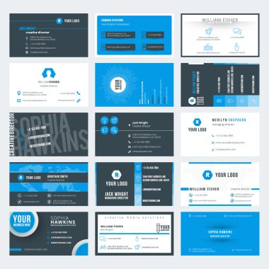 Modern yaratıcı kartvizit şablonları kümesi. Mavi ve siyah renk. Düz stil vektör çizim. İleti örneği tasarım