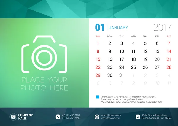 Desk Calendar Template for 2017 Year. January. Design Template with Place for Photo. Week starts Sunday. Vector Illustration — Stock Vector