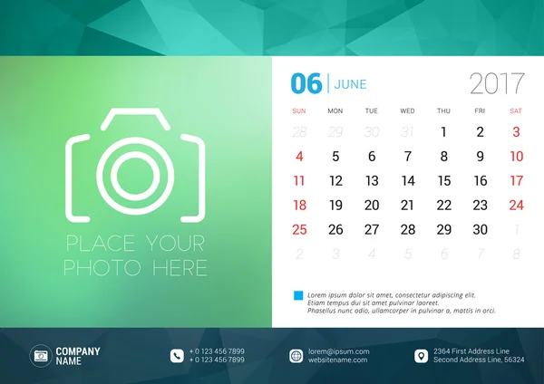 Modèle de calendrier de bureau pour l'année 2017. Juin. Modèle de conception avec place pour la photo. La semaine commence dimanche. Illustration vectorielle — Image vectorielle