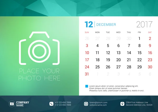 Desk Calendar Template for 2017 Year. December. Design Template with Place for Photo. Week starts Sunday. Vector Illustration — Stock Vector