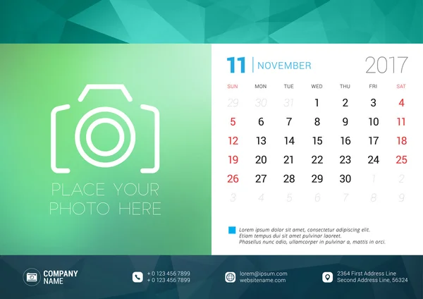 Desk Calendar Template for 2017 Year. November. Design Template with Place for Photo. Week starts Sunday. Vector Illustration — Stock Vector