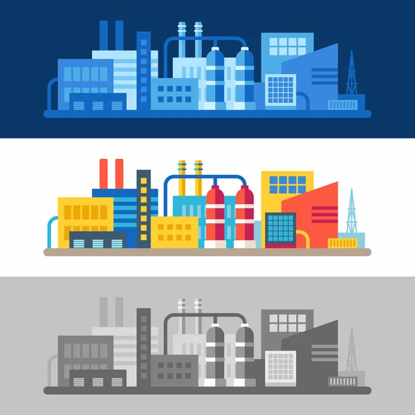 Egy sor három vízszintes, lapos vektor színes és fekete-fehér, szürke és kék illusztrációk a jelenetek a gyári épületek — Stock Vector