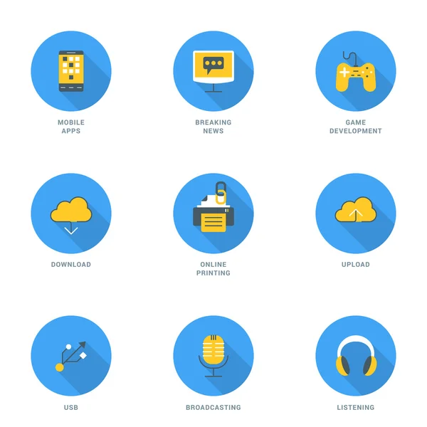 Készlet-ból lakás tervez ikonok-val vágyódik árnyék. Modile apps, játék fejlesztés, Breaking News, online nyomtatás, letöltés, feltöltés, USB, műsorszórás, Listening. Vektoros ikonok — Stock Vector