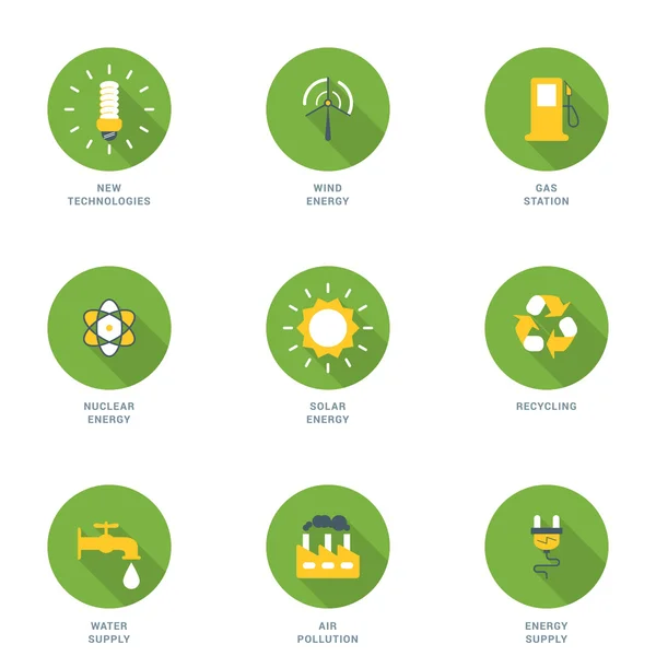 Set de Iconos Ecológicos de Diseño Plano con Sombra Larga. Nuevas tecnologías, energía eólica, gasolinera, energía nuclear, energía solar, reciclaje, suministro de agua, contaminación del aire, suministro de energía. Iconos vectoriales — Archivo Imágenes Vectoriales