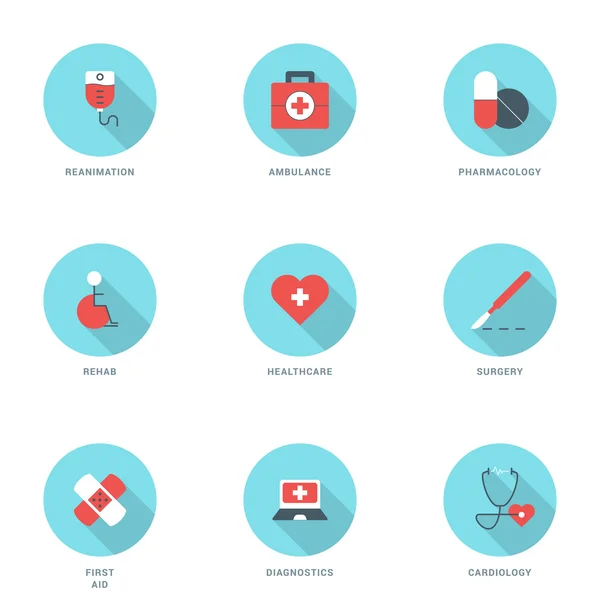 Set van platte ontwerp geneeskunde pictogrammen met lange schaduw. Reanimatie, ambulance, farmacologie, rehab, gezondheidszorg, chirurgie, EHBO, diagnostiek, cardiologie. Vector pictogrammen — Stockvector