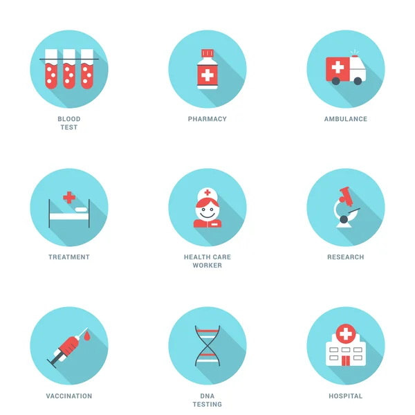 Set of Flat Design Medicine Icons with Long Shadow (dalam bahasa Inggris). Tes darah, Farmasi, Ambulans, Pengobatan, Pekerja Kesehatan, Penelitian, Vaksinasi, Tes DNA, Rumah Sakit. Ikon Vektor - Stok Vektor