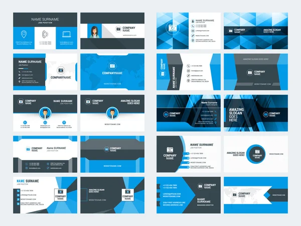 Σύνολο σύγχρονης δημιουργικές επαγγελματικές κάρτες πρότυπα. Μπλε και μαύρο χρώμα. Εικονογράφηση διάνυσμα επίπεδη στυλ. Σχέδιο επιστολόχαρτου — Διανυσματικό Αρχείο