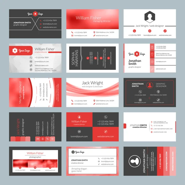 Sjablonen voor visitekaartjes. Briefpapier ontwerpset vector. Rode en zwarte kleuren. Vlakke stijl vectorillustratie — Stockvector