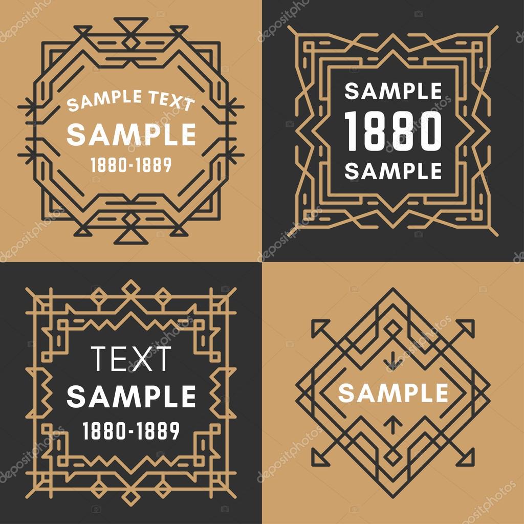 Set of Four Line Art Decorative Geometric Vector Frames and Borders with Golden and Black Colors. Vector Ornaments, Vector Decoration, Line Ornament, Vector Logos, Vector Labels