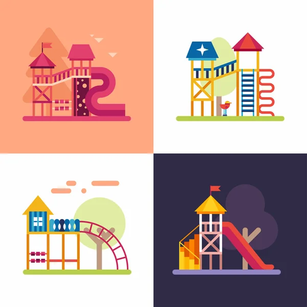 Zona de juegos para niños. Conjunto de cuatro ilustraciones de vectores planos de colores . — Vector de stock