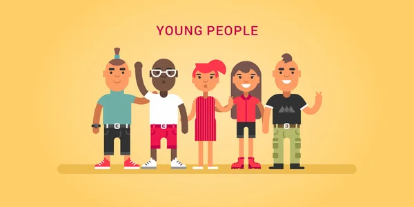 Молодые люди, подростки, друзья. Цветная плоская векторная иллюстрация на жёлтом фоне . — стоковый вектор