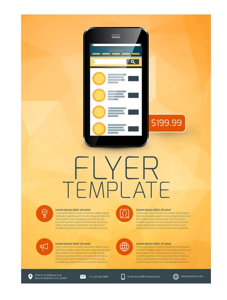 Vector Business Flyer Design Template voor mobiele applicatie of nieuwe Smartphone. Vector Brochure lay-out ontwerpsjabloon. Gele en zwarte kleuren — Stockvector