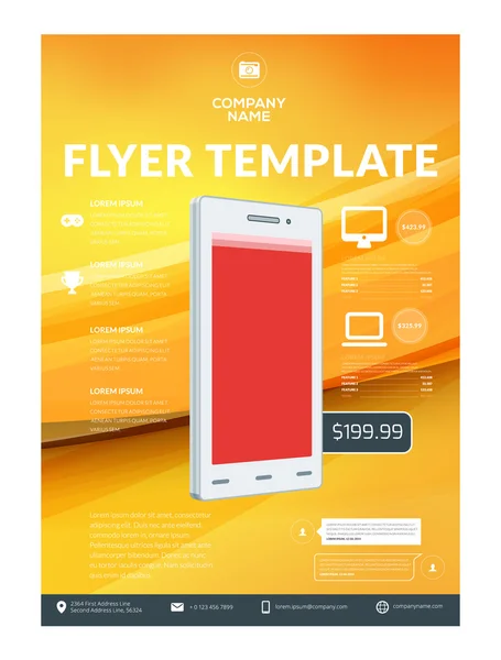 Vector Business Flyer Design Template voor mobiele applicatie of nieuwe Smartphone. Vector Brochure lay-out ontwerpsjabloon. Gele en zwarte kleuren — Stockvector