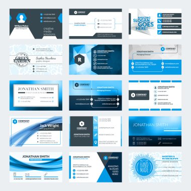 Modern yaratıcı kartvizit şablonları kümesi. Mavi ve siyah renk. Düz stil vektör çizim. İleti örneği tasarım