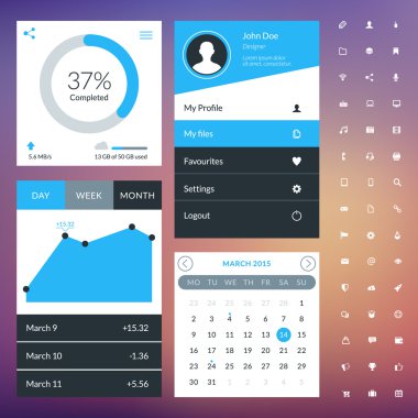 Web ve mobil uygulamalar için düz tasarım UI öğeleri kümesi. Vektör çizim. Simgeler, düğmeler, web elemanları