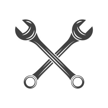 İki çapraz anahtar, anahtarlar. Siyah beyaz düz vektör illüstrasyon, logo öğesi beyaz arka plan üzerinde izole